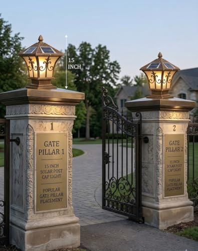 Image of Sanleen Solar LED Antique Gate Light - 15 Inch Waterproof Outdoor Garden Lamp, Golden Decorative Solar Pillar Light for Gate, Lawn, Terrace, Pathway & Outdoor Garden Decor