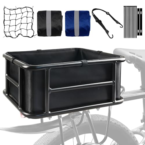 Rear Rack Bike Basket, Large Rear Bike Basket with Liners & Cargo Net & 2 Rain Covers, Heavy Duty Metal Bicycle Basket for Bicycle, Ebike, Electric Bike by LYHZLBAY - Used condition - US$28.47