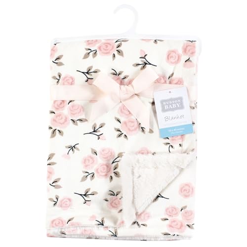 Image of Hudson Baby Infant Girl Plush Blanket with Furry Binding and Back, Neutral Pink Floral, One Size