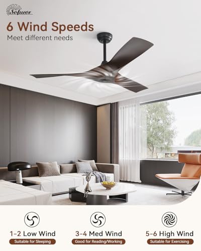 Image of Sofucor 52 Inch Smart Ceiling Fan No Light, Modern Ceiling Fan with 3 Plastic Blades, Compatible with Alexa /Google /App, 6 Speeds 4500CFM, Timer Quiet Reversible DC Motor, ETL /FCC