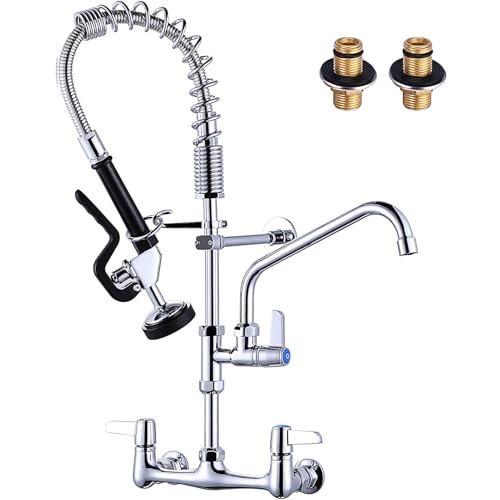 Commercial Kitchen Sink Faucet with Pull Down Sprayer, Pre-Rinse Commercial Fucet Chrome Kitchen Wall Mount Faucets with Sprayer 25" Height Water Faucets with 9.6" Add-on Swing Spout for Res