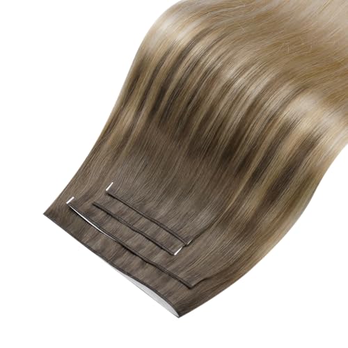 Image of LaaVoo Genius Tape in Weft Hair Extensions Invisible Tape in Hair Extensions Ombre Light Brown to Blonde Tape Weft Hiar Extension Remy Human Hair 22inch 4pcs 120g
