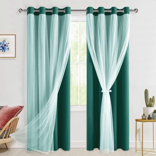 Hiasan Blackout Curtains with Sheer Overlay, Hunter Green, 52W X 84L, 2pcs