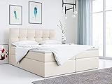 MKS MEBLE Boxspringbett - Doppelbett - Polsterbett mit Multipocket-Matratze und Topper - Kunstlederbett mit Bettkasten - Stauraumbett H3 - RICO 180X200 Creme Kunstleder
