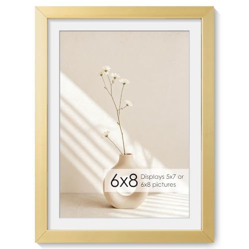 Fun Memories 6x8 Aluminum Picture Frame - 6 x 8 Aluminum Photo Frames with 5x7 Removable Mat with Glass- Ideal for Wall or Tabletop Display - Wall Hook Hanging Hardware Included (Gold -1P)