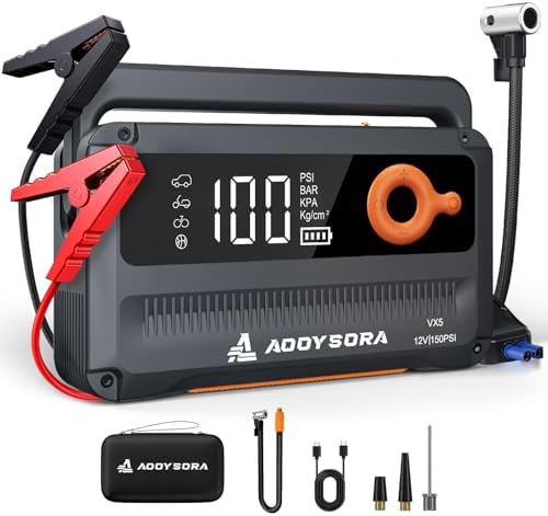 9-in-1 6000A Car Battery Jump Starter with Air Compressor 26800mAh, 150PSI 12V Portable Jump Box with Auto-Shutoff Tire Inflator, 3 Modes Flashlight and Jumper Cables(All Gas/12L Diesel)