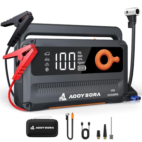 9-in-1 6000A Car Battery Jump Starter with Air Compressor 26800mAh, 150PSI 12V Portable Jump Box with Auto-Shutoff Tire Inflator, 3 Modes Flashlight and Jumper Cables(All Gas/12L Diesel)