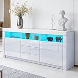 BESTWANTED Modern White Gloss Sideboard, 2 Doors 3 Drawers, LED Lights, Large, Home Office, Living Room, Kitchen