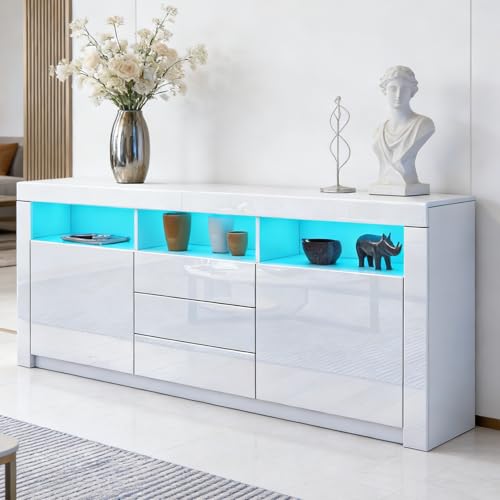 BESTWANTED Modern White Gloss Sideboard 2 Doors 3 Drawers LED Lights Large Home Office Living Room Kitchen