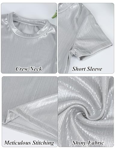Image of Happy Cherry Kid Girl Shiny Skirt and Top Set 2 Piece Texture Ribbed Metallic Disco Rave Cheer Outfit 4-12T