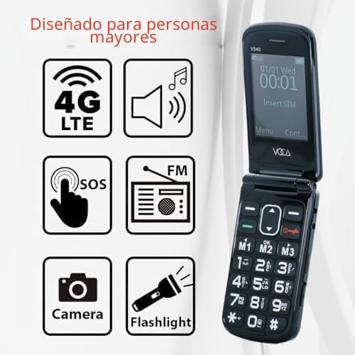 Teléfono plegable VOCA con botones grandes para personas mayores | 4G LTE libre | Volumen alto | Botón SOS | Marcación rápida | Texto predictivo | Base de carga | V340 (Negro)