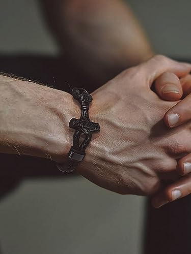 Bandmax Pulsera Martillo Negro Cuero de Hombres Longitud 21 CM Vikingo Pulsera de Cuero Pulsera Trenzada con Cierre Magnético Vikingo Joyería - imagen 3