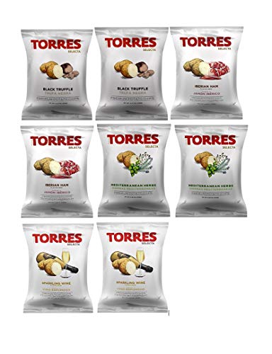 Torres Spanish Papas Fritas Potato Chips 4 Flavor Variety Pack Black Truffle, Mediterranean Herb, Sparkling Wine, Iberico Ham (8)