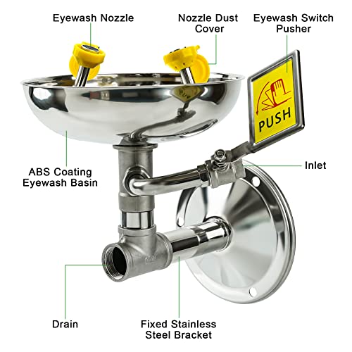 Emergency Eye Wash Station, Wall Mounted Stainless Steel Eyewash Station With Dual Spray Heads Hands-Free Operation Eyewash Station Safety Wash Sign Factory Hospital Applicable #TOP1
