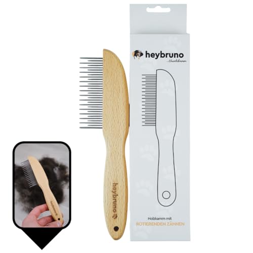 heybruno Hundekamm Langhaar mit drehbaren Zinken - Profi Fellpflege Kamm für Große Hunde & Unterwolle - Ergonomischer Holzgriff - schmerzfreies Entwirren & Knoten lösen - 31 rotierende Zähne