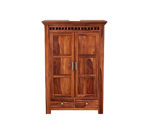 Image of Sheesham Wood Wooden 2 Door Wardrobe Organizer for Clothes | - Solid Wood Almirah with 2 Drawers, 2 Shelves - with Hanging Space Cupboard for Large Bedroom (Design 15)