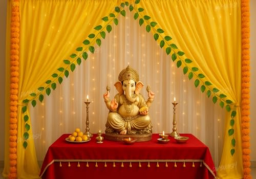 Image of Divyakosh Temple /Event Setup Items- Curtains, Cloth for Decoration Pooja with Light, Artfiicial Marigold Flowers | Decoration Setup for Haldi, Mandir, Mehendi | 11Pc Net Cloth (Yellow, White)