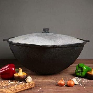 CKG Heavy Duty Cast Iron Uzbeki Tatar Dish Plov Pot Mangal Making Cookware Kazan Insulated Double Handle Cooking Pan with Lid - 16L - Cooking Gift