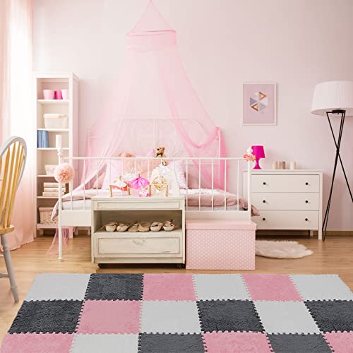 18 Pcs Plush Foam Floor Mat Square Interlocking Carpet Tiles With Border Fluffy Play Mat Floor Tiles Soft Climbing Area Rugs For Home Playroom Decor, 12 X 12 X 0.4 Inch (Black, Pink, Gray) #TOP3