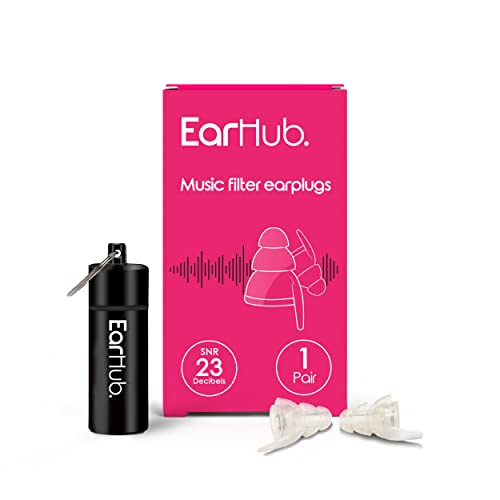 EarHub Music Filter Earplugs, 23db Noise Reduction Music Earplugs-Hearing Protection for Musicians, DJ’s, Drummers, Percussion, Festivals, Nightclubs and Other Loud Events, Clear