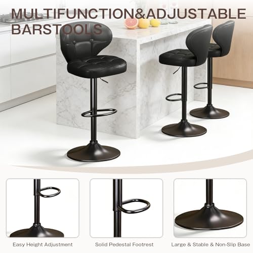 Image of Modern Bar Stools Set of 2, Adjustable Swivel Upholstered Full-Back Counter Height Bar Chairs for Kitchen Island, Dining Room, Bar Black