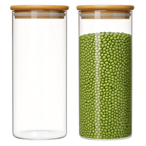 Kit 2 Potes 900ML de Vidro com Tampa de Bambu Hermético para Armazenamento 19 cm Altura x 8cm Largura Design Rústico Livre de BPA
