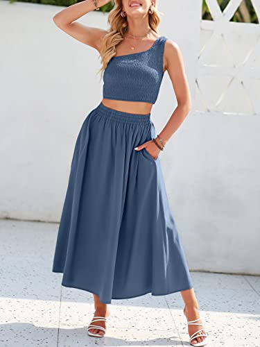 Anrabess Women's Summer 2 Pieces Outfits One Shoulder Sleeveless Smocked Crop Top & High Waist Long Skirt Dress Set With Pockets 543Lanse-M Deep Blue #TOP5