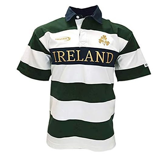 Lansdowne Ireland Maillot de Rugby à Manches Courtes en Bouteille/Blanc/Rayure dorée (X-Large)