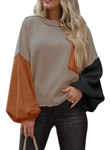 Image of Dokotoo Women's Sweater Tops 2026 Ribbed Knitwear Lantern Pullover Sweater | Fall Winter Outfits,Bell Sleeve,Crewneck,Lightweight Knit Pullover,Soft Comfy Tops,Teacher Vacation