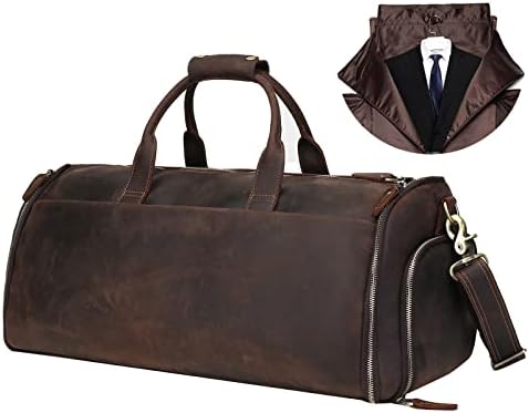 UBANT Carry On Garment Bag, Convertible Garment Bag with Shoes Compartment Vintage Full Grain Leather Travel Weekender Overnight Large Duffel Bag 2 in 1 Hanging Suitcase Suit Travel Bags for Men