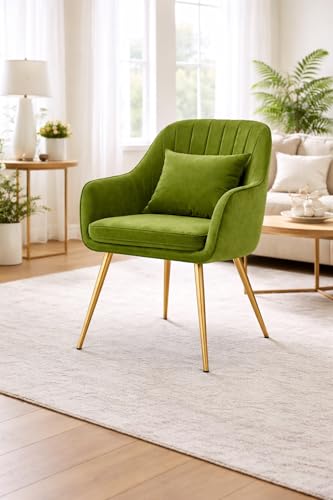 Image of Velvet Chair for Home | Modern Accent Armchair in Soft Velvet Fabric with Golden Legs | Set of 2 Premium Accent Chair for Living Room Bedroom Restaurent | (Parrot Green 1pc, Standard)