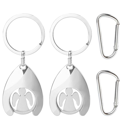 AILUYA Moneta per carrello della spesa, con moneta rimovibile, 2 pezzi, in metallo, angelo custode, portachiavi con 2 moschettoni per tutti i carrelli della spesa, argento, 4.1cm
