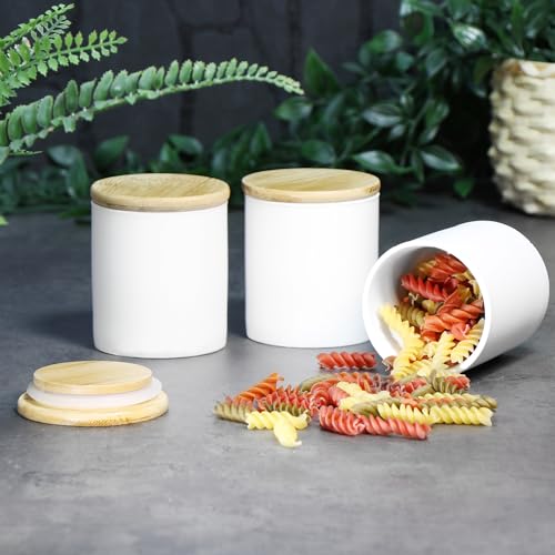com-four® 3x Vorratsdose aus Keramik - Aufbewahrungsbox mit Bambus-Deckel - vielseitig verwendbare Kaffeedose - kleine Keramikbehälter für Lebensmittel (weiß - 08x09cm - 3 Stück)