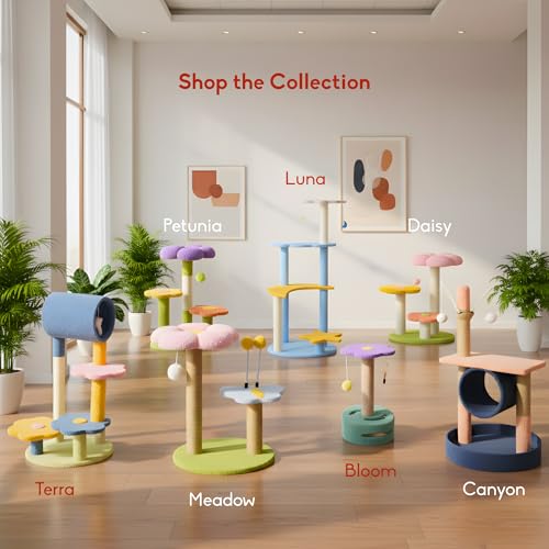 Image of Petunia Multi-Level Cat Tree for Indoor Cats & Kittens | Flower-Themed Cat Scratching Post Tower with Sisal Rope, Pom-Pom Toy & Climbing Platforms | Aesthetic Cat Furniture (Multicolor)