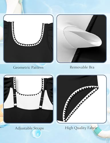 Image of Girls Swimsuit Ruffled Square Neck Color Contrast Trim One Piece Bathing Suit Geometric Girls' Swimwear 9-16Y