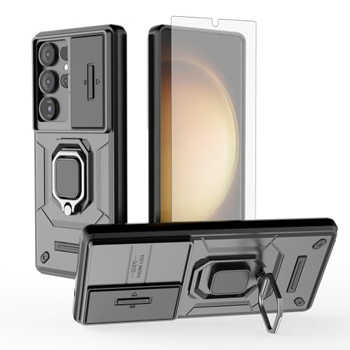 Coque Samsung S25 Ultra avec protège-caméra coulissant, bague et verre trempé - Noir