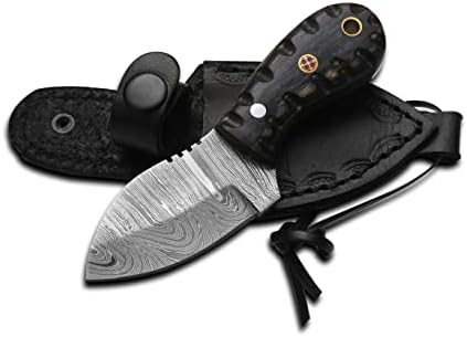 HotSteel Handmade Neck knife-Damascus Steel Full Tang knife 5'' Mini fixed blade knife-Bushcraft knife-Camping knife-Hunting knife with leather sheath