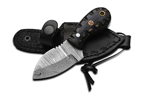 Hotsteel Handmade Neck Knife-Damascus Steel Full Tang Knife 5'' Mini Fixed Blade Knife-Bushcraft Knife-Camping Knife-Hunting Knife With Leather Sheath #TOP3