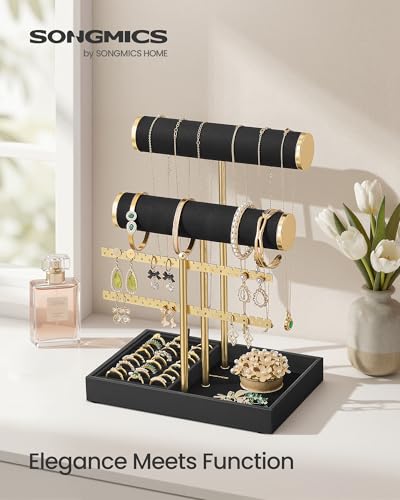 Image of SONGMICS Bracelet Holder Stand, Jewelry Display Stand, Jewelry Organizer, with 2 Tiers and Velvet Tray, Earring Organizer, Removable Ring Holder, Ink Black and Pale Gold UJJS046B101