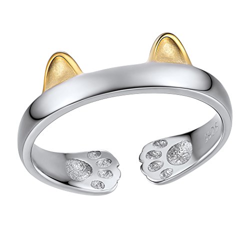 SILVERCUTE 925 Sterling Silver Band Rings Cat Rings for Women,Adjustable 925 Silver/18K Gold Plated Band Ring,Cat/Panda Ring Print Claw-Silver