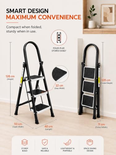 Image of KITCHIVO 3 Step Foldable Ladder with Safety Handrail, Wide Anti-Slip Steps & Non-Slip Feet, Heavy Duty Steel Step Ladder for Home, Kitchen & Office