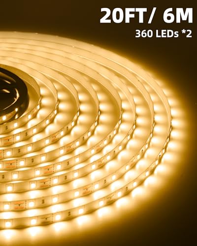 Image of 20ft LED Strip Lights with Remote, 3000K Warm Dimmable Tape Lights, 12V 360 LEDs 2835 Strong Adhesive Rope Lights for Cabinet Kitchen Ceiling Closet Vanity Mirror Stairway Basement