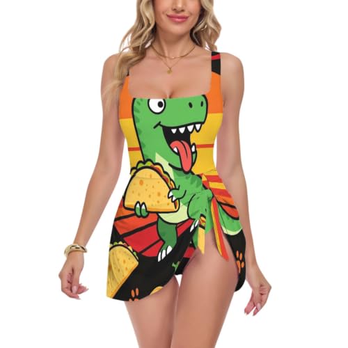 Traje de baño de dinosaurio y taco vintage para pool party de mujer