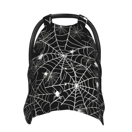 Image of SHANGYINGJI Halloween Spider Web Black Night Car Seat Cover Baby Carseat Covers Baby for Girl Boy Muslin Cotton Infant Car Seat Cover Breathable Baby Carrier Cover Summer Stroller Sun Shade