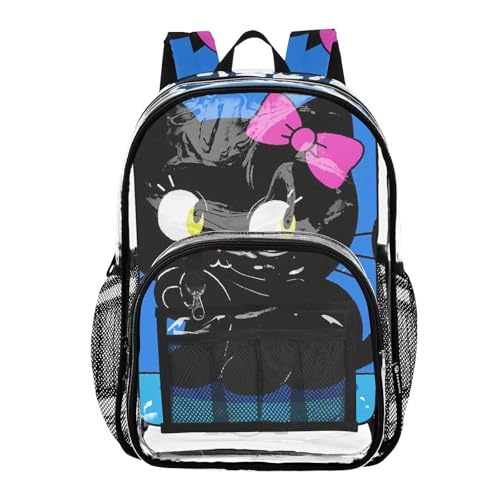 Cartoon Cute Black Cat Kid Clear Backpack Clear Bookbag For Boys Transparent Seethrough Heavy Duty Backpacks