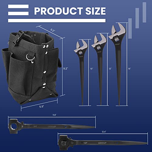 Lichamp 6 Pieces Spud Wrench Set With Iron Workers Tool Bag, Includes Adjustable 10 12 16 Inches Construction Spud Wrench, Socket/Suqare Drive Ratchet Spud Wrench And Iron Work Bolt Bags #TOP1