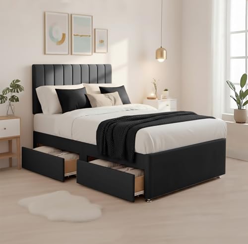 BED TIME UK   Juego de cama diván de felpa de lujo | Marco de cama de primera calidad con colchón de espuma viscoelástica de resorte y elegante cabecero vertical de 20 pulgadas | Almacenamiento de 2