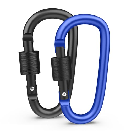 Image of 2-Pack Locking Carabiner Clips with Screw Gate - Heavy-Duty D-Shaped Spring Hook for Backpack, Fishing, Travel, Keychain, Camping & Hiking（Black+Blue）