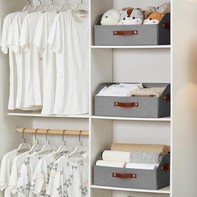 Closet Organizers and Storage, Linen Trapezoid Storage Bins with Handles, Collapsible Shelf Organizer for Blanket, Towel, Clothes, Hats, Purse (Gray)