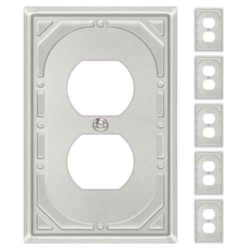6 Pack Duplex Outlet Covers Wall Plates, Brushed Nickel Metal Electric Receptacle Cover, Classic Retro Style Decorative Switch Plate and Outlet Cover, 1 Gang Wall Plate for Electrical Outlets